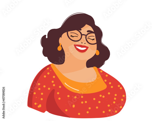 Portrait of a cute smiling fat woman in glasses, vector illustration on a white background