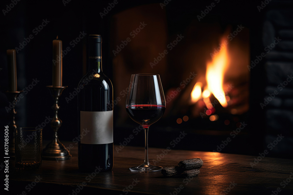 Fireside Elegance: Red Wine Table Setting. Generative AI