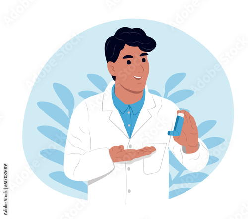 World Asthma and Allergy Day. A young smiling doctor man holds an inhaler for inhalation in his hands. Childrens doctor. Bronchial Asthma. Allergy, asthmatic. Inhalation drug. Bronchial asthma.
