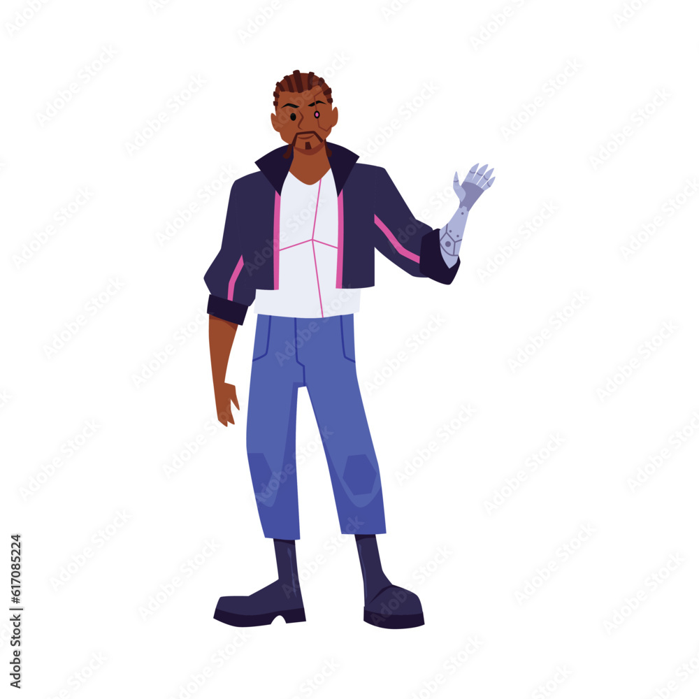 Vector Cartoon Cyberpunk black man from the future waving with prosthetic arm, head with thin facial bionic parts, cyborg Vector Cartoon Cyberpunk black man from the future waving with prosthetic arm, head with thin facial bionic parts, cyborg
