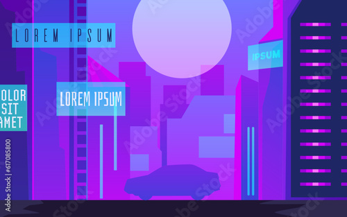 Vector posters with abstract visualization of the night future city, modern futuristic megalopolis architecture buildings with car
