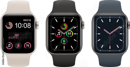 Smartwatch collection, realistic wrist watches isolated on white