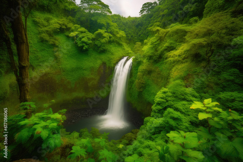 Enveloped in Green: A Magnificent Waterfall. Generative AI