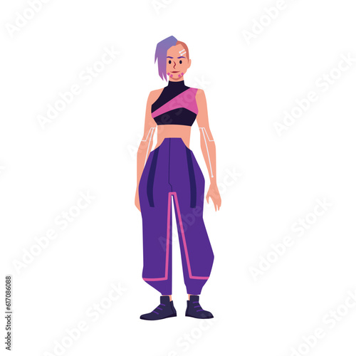 Futuristic woman with cybernetic implants, flat vector illustration isolated on white background.