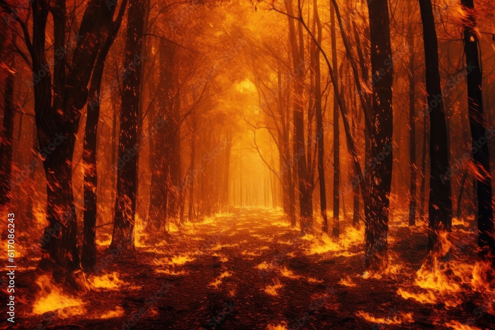 Obraz premium Forest fire. An alley or road among burning trees. Generative AI.