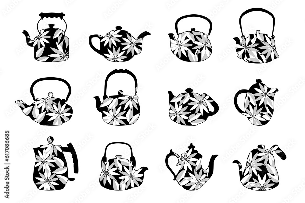 Collection stylized illustration of teapots with flowers Collection stylized illustration of teapots with flowers