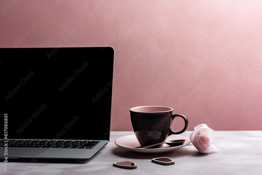 laptop with a pink background and a coffee cup with a heart on it. Generative AI laptop with a pink background and a coffee cup with a heart on it. Generative AI