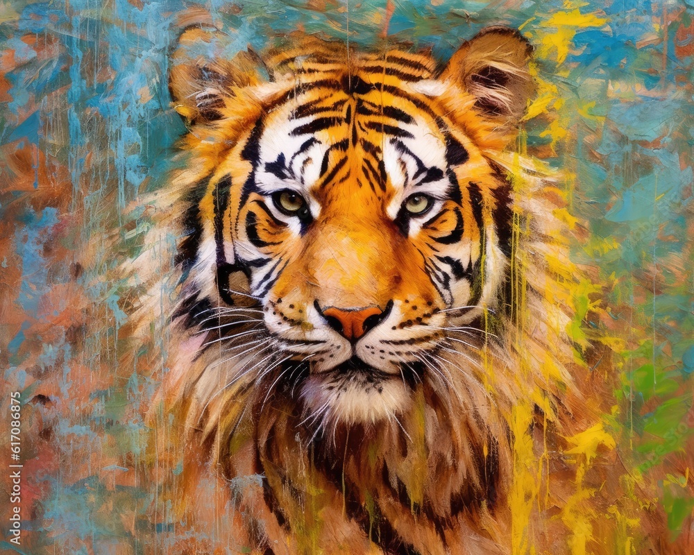 Naklejka premium tiger form and spirit through an abstract lens. dynamic and expressive tiger print by using bold brushstrokes, splatters, and drips of paint. tiger raw power and untamed energy