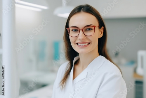 Elegant European Dentist Woman Exuding Confidence at Dental Office. Generative AI