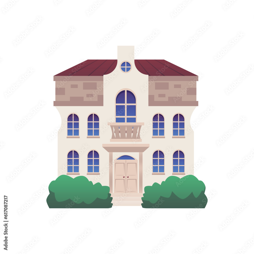 Huge expensive victorian house exterior with balcony flat style, vector illustration