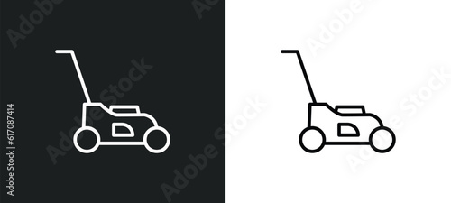 lawn mower line icon in white and black colors. lawn mower flat vector icon from lawn mower collection for web, mobile apps and ui.