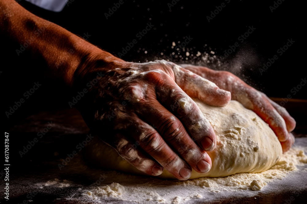  Man kneading dough for pizza, bread or pastry on wooden table in a bakery. Generative Ai