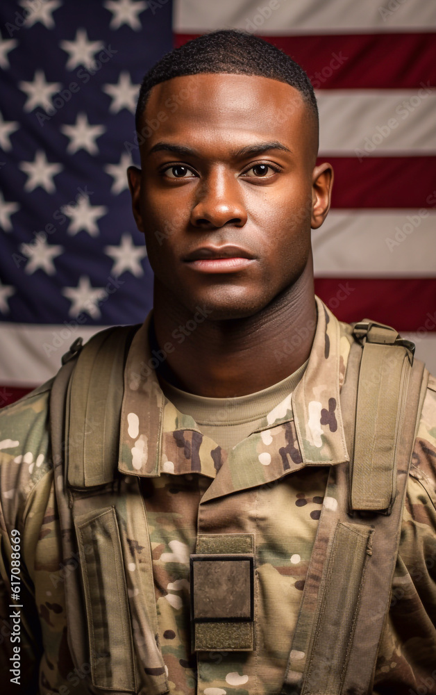 US soldier posing in front of USA flag