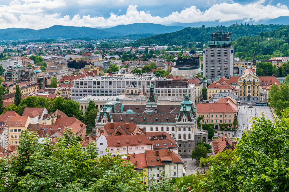 A view north from the castle above Ljubljana, Slovenia in summertime