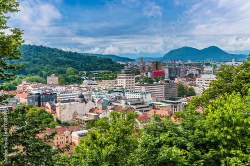 A view north east from the castle above Ljubljana, Slovenia in summertime