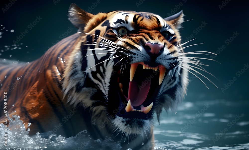 Roaring tiger crossing the stream. AI generated