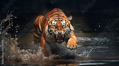 Wallpaper Mural Roaring tiger crossing the stream. AI generated Torontodigital.ca