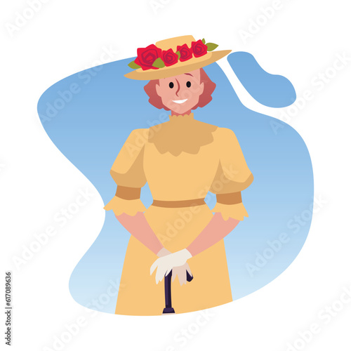Victorian beautiful woman in hat with roses, umbrella, fashion dress, 19th century, cartoon vector isolated illustration