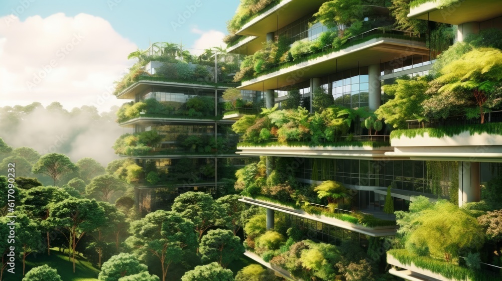 A eco-friendly buildings with green roofs or energy-efficient systems. AI generated