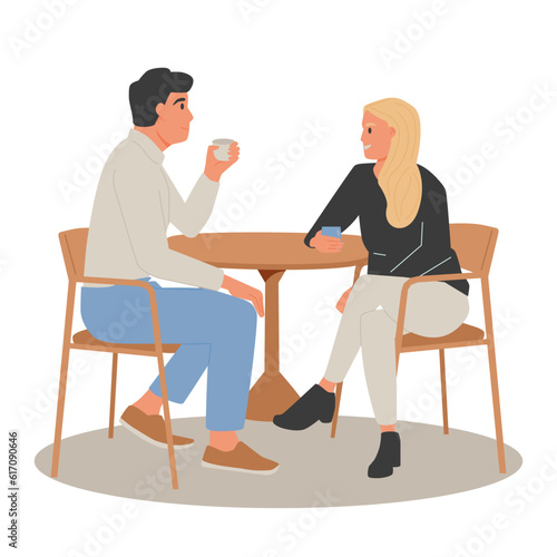 Man and woman cartoons - romantic couple dating. Couples sitting in a coffee shop or restaurant.