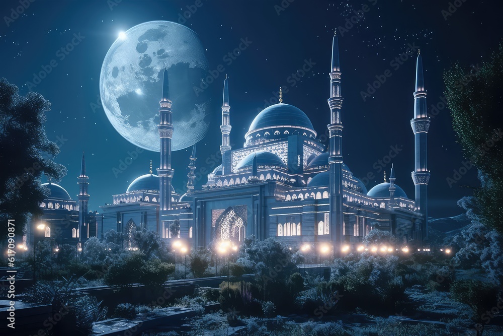 Beautiful view of big mosque architecture at night