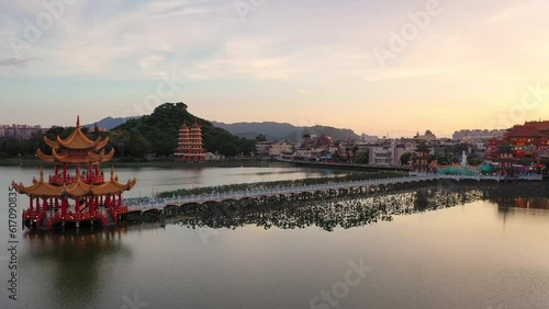 Aerial travelling at Wuliting Pavilion at sunset, Kaohsiung, Taiwan photo