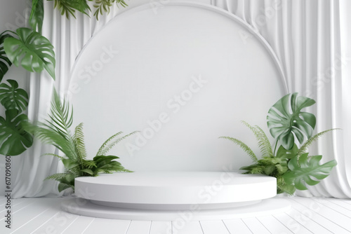 Beauty  fashion  make-up  product concept. Minimalist product placement white podium with leaves and flowers in background and copy space. Minimalist and luxury style. Generative AI