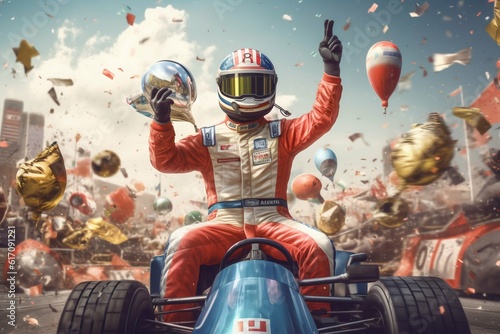 Race Car Driver Celebrating the Win, Gran Prix. Generative ai photo