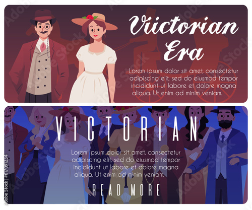 People of Victorian era, web banners set, flat vector illustration.