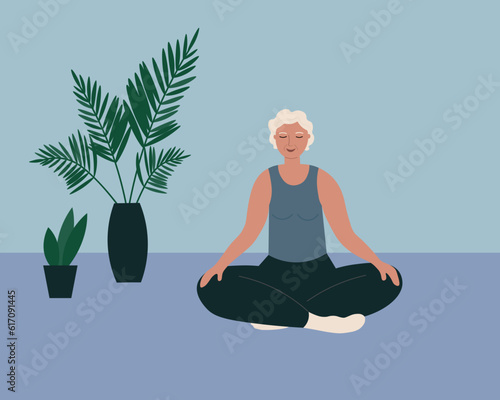 An elderly character is doing yoga, meditating in a room with  houseplant. A calm adult woman sits on in lotus position exercises in harmony with herself, healthy lifestyle Cartoon vector illustration