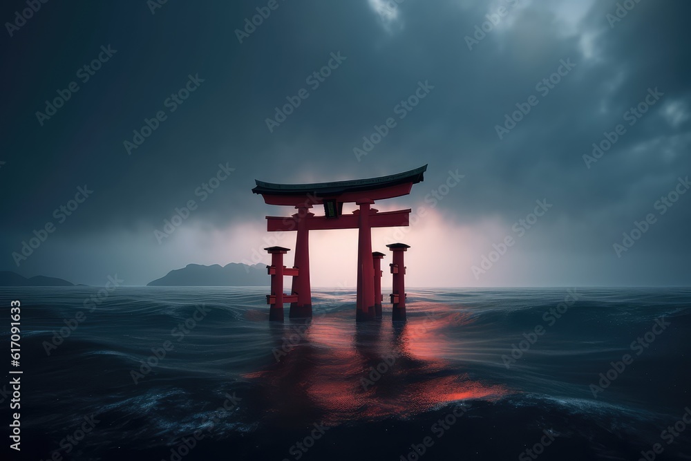 Japanese temple red gate in the middle of the sea Japanese temple red gate in the middle of the sea