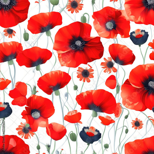 Abstract flowers background, red poppies flowers pattern wallpaper. Generative AI. © Cobalt
