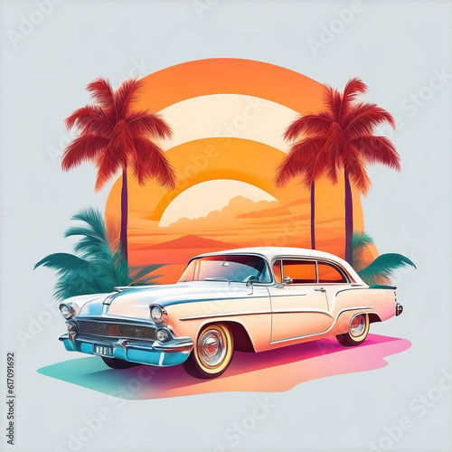 Retro car with palms flat sticker illustration, t-shirt graphic design, generative Ai. © Cobalt