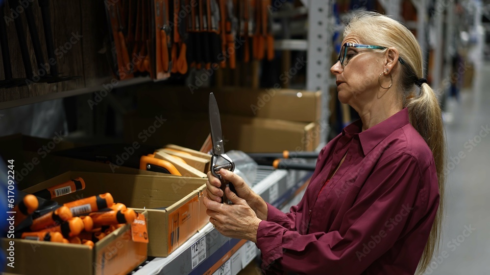 Attractive happy mature woman looking at small grass shears for clipping weeds in garden tool area of a large hardware store.