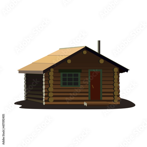 A small wooden house with door and windows. Vector illustration.