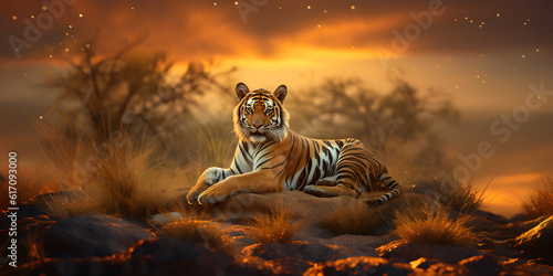 Tiger in the jungle at sunset. AI generated