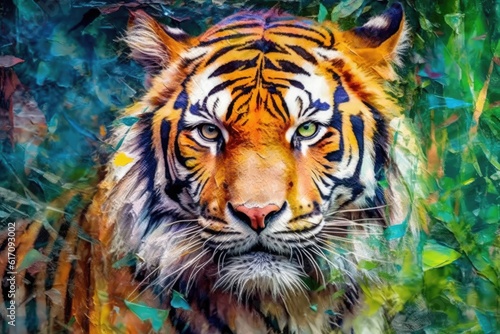 tiger  form and spirit through an abstract lens. dynamic and expressive tiger print by using bold brushstrokes  splatters  and drips of paint.  tiger raw power and untamed energy