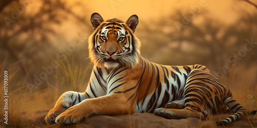 Tiger in the jungle at sunset. AI generated photo