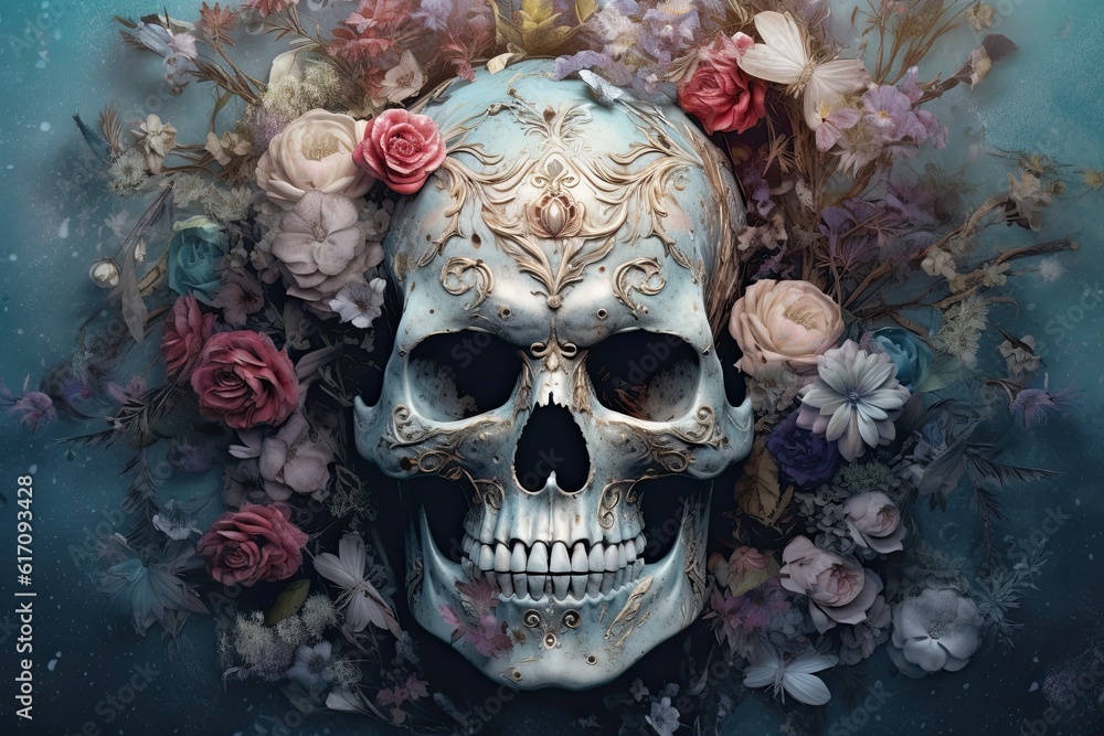 White skull decorated with flowers as for the day of the dead in mexico on a blue background White skull decorated with flowers as for the day of the dead in mexico on a blue background