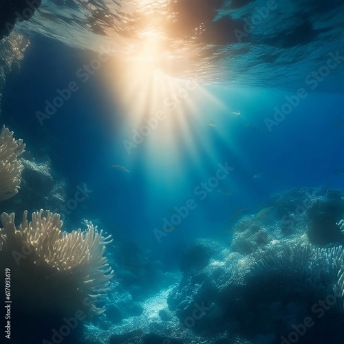 underwater photograph of a reef, beautiful reef on the ocean floor, clear blue water, rays of light shining through the ocean.