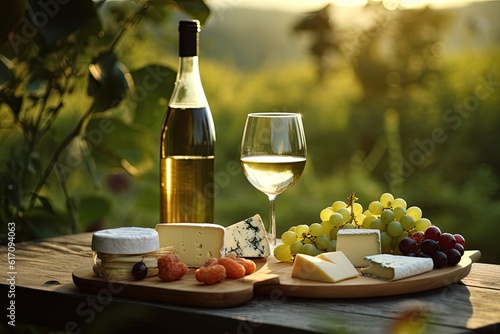 White wine in glass, grape, cheese platter, wine bottle on vineyard landscape. Picnic and wine degustation. illustration. Generative AI.
