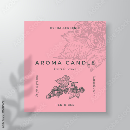 Aroma candle vector label template. Red Ribes berry scent from local purveyors advert design. Ink style sketch background layout decor Natural smell product package text space