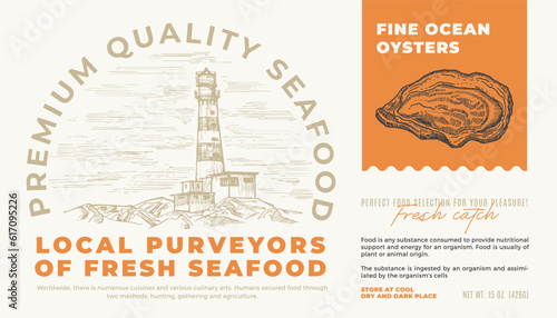 Fine Ocean Seafood Product Abstract Vector Packaging Label Design. Modern Typography and Hand Drawn Oyster Shell Sketch Silhouette with Sea Lighthouse Background Layout