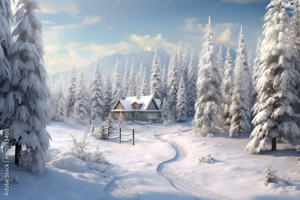 A serene snow-covered landscape with towering evergreen trees adorned with shimmering ornaments, depicting a picturesque scene straight out of a holiday postcard. Generative AI