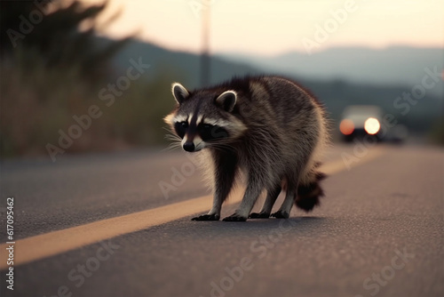 Generative AI. a raccoon on the highway