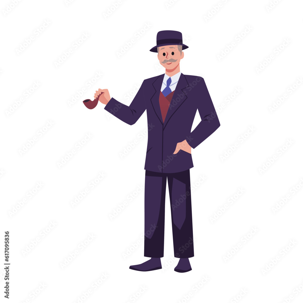 Gray-haired mustachioed Victorian man of 19th century in suit with hat holds smoking pipe, vector isolated illustration Gray-haired mustachioed Victorian man of 19th century in suit with hat holds smoking pipe, vector isolated illustration