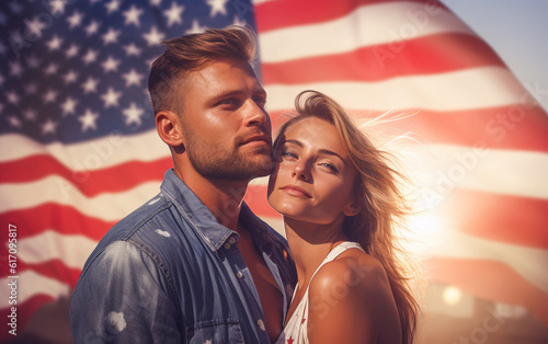 An engaged couple embrace in front of the American flag