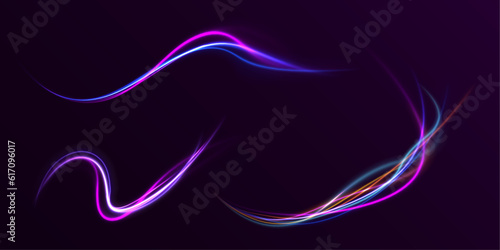 Abstract neon color wave lights background. Dynamic composition of bright lines forming lights path of speed movement, futuristic dark background, graphic design element	