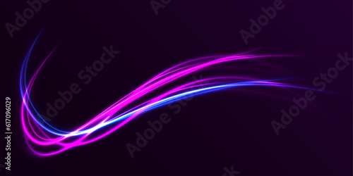 Orange and yellow luminosity. Abstract neon motion glowing wavy lines. Glitter color gold wave light effect. Bright sparkling background. Neon glowing curves strewn with sparks in dark space vector. 
