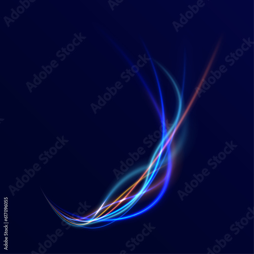 Orange and yellow luminosity. Abstract neon motion glowing wavy lines. Glitter color gold wave light effect. Bright sparkling background. Neon glowing curves strewn with sparks in dark space vector.	